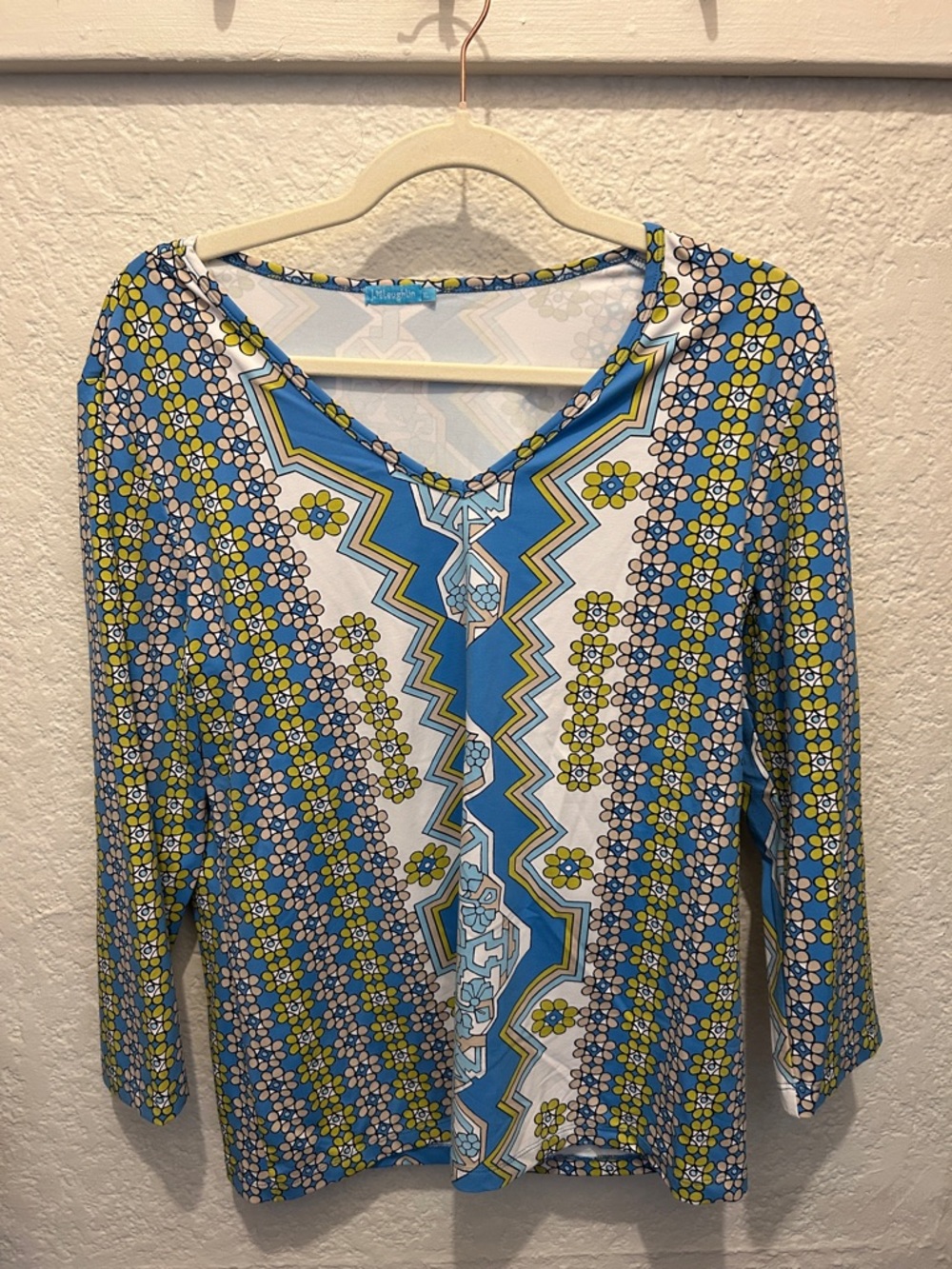 Blue Floral-Print V-Neck Long Sleeve Top